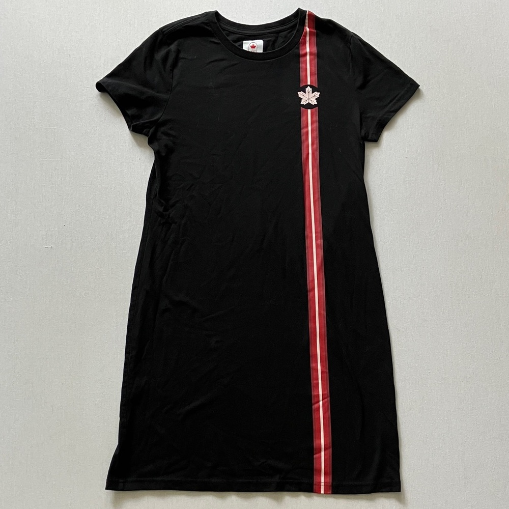 Black Mini Tee Dress with Red Stripe and Maple Accent